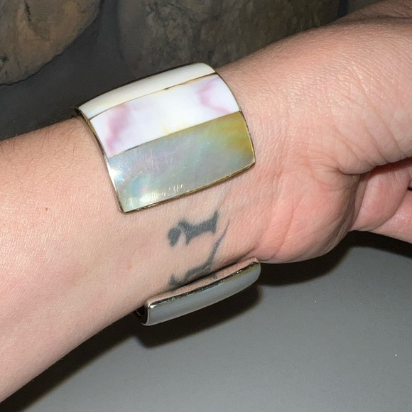 Abalone Agate Onyx Cuff Bracelet Vintage Jewelry - Picture 4 of 12